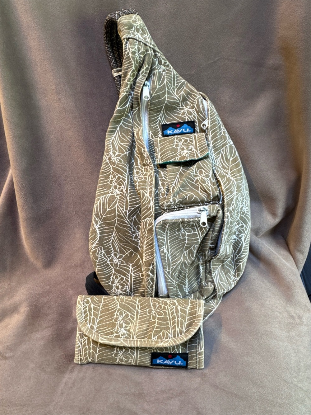Kavu Olive Floral Sling Pack with White Leaf Print